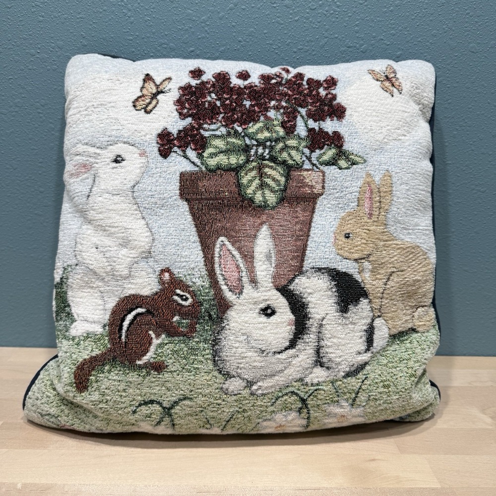 Bunny Rabbit Throw Pillow Soft Tapestry Floral Spring Summer Garden 16x16 Blue